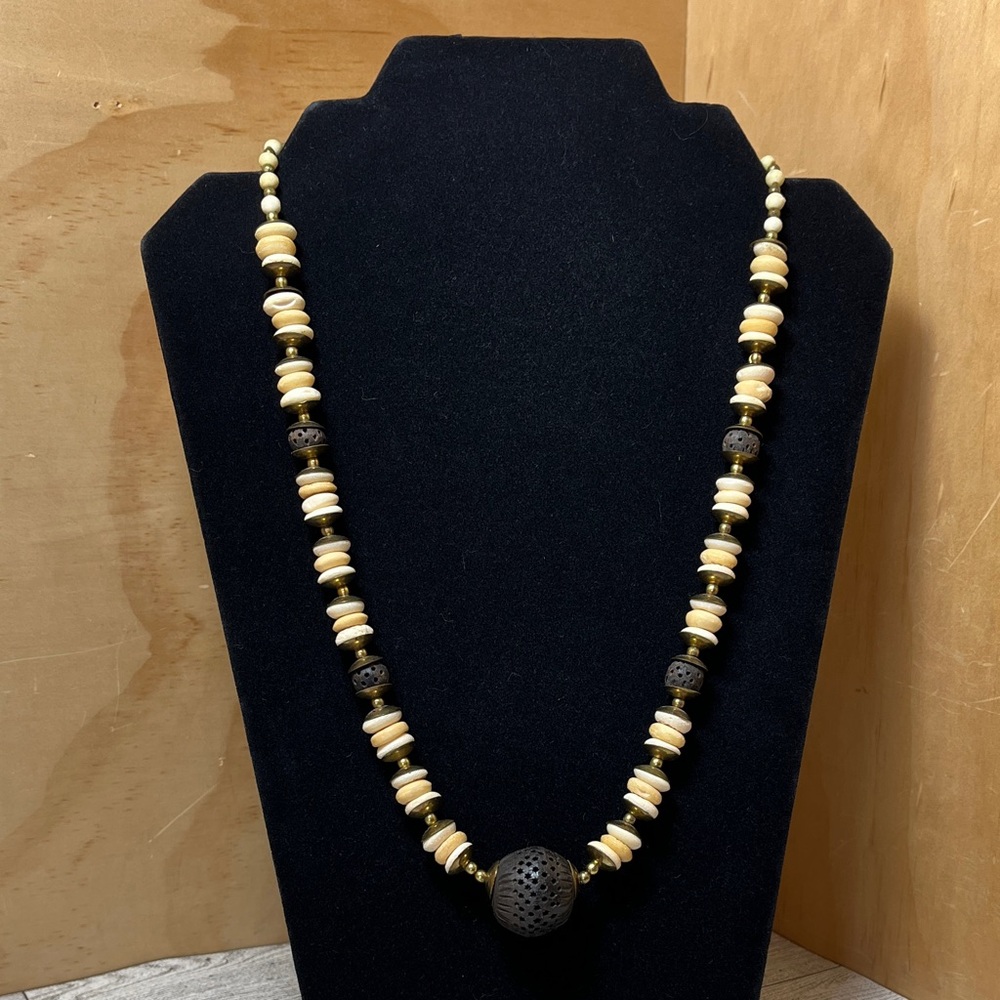 Vintage Artisan Bone & Wood Carved Graduated Brass Accents Necklace